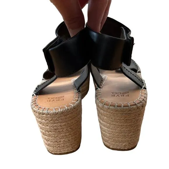 NEW! Frye Woman's 9.5 Amber Espadrille Platform Wedges Leather Sandals Black
