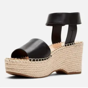 NEW! Frye Woman's 9.5 Amber Espadrille Platform Wedges Leather Sandals Black