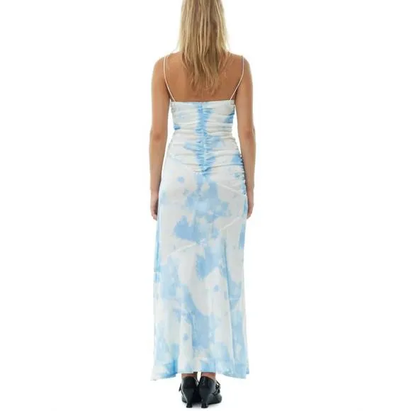 NEW GANNI printed satin ruched long slip dress in powder blue