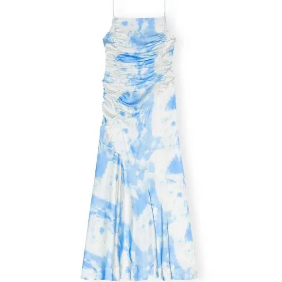 NEW GANNI printed satin ruched long slip dress in powder blue