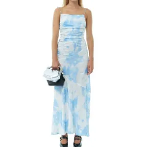 NEW GANNI printed satin ruched long slip dress in powder blue