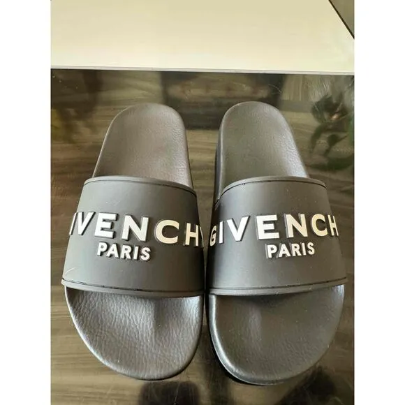 NEW Givenchy ES 0221 Black Logo Band Flat Slides Sandals Size 37