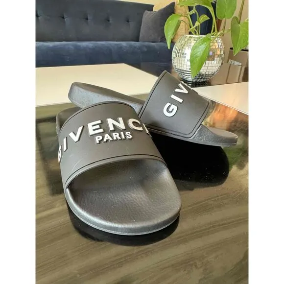 NEW Givenchy ES 0221 Black Logo Band Flat Slides Sandals Size 37
