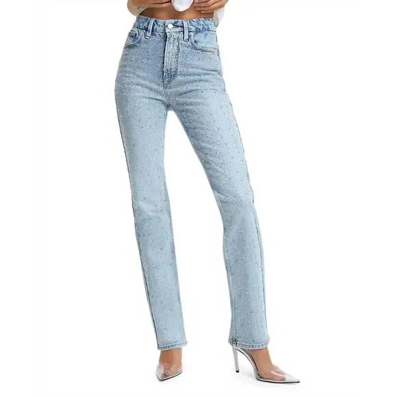 NEW GOOD AMERICAN women's icon dusted jewel straight leg jean in blue