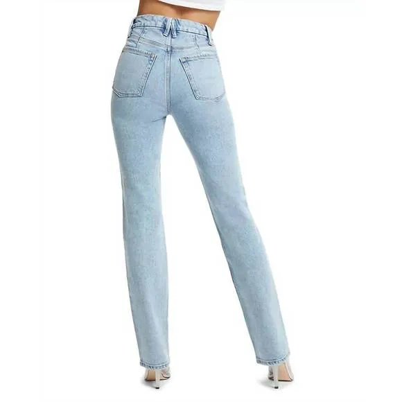 NEW GOOD AMERICAN women's icon dusted jewel straight leg jean in blue