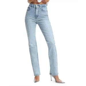 NEW GOOD AMERICAN women's icon dusted jewel straight leg jean in blue