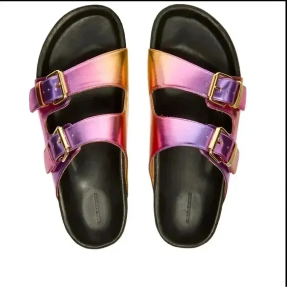 New Isabel Marant Lennyo Leather Slide Sandals Buckle Metallic Pink Sunset