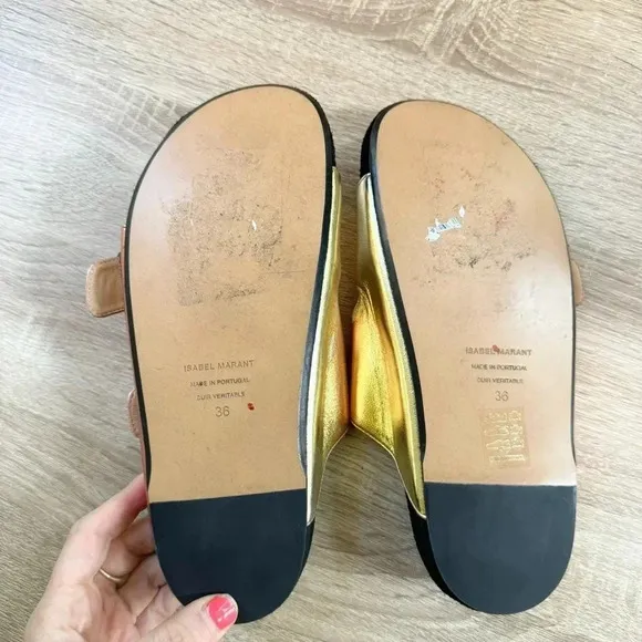 New Isabel Marant Lennyo Leather Slide Sandals Buckle Metallic Pink Sunset