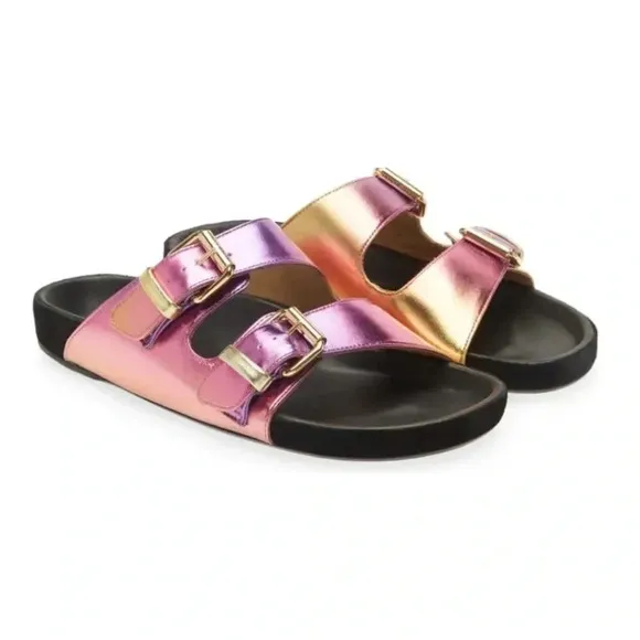 New Isabel Marant Lennyo Leather Slide Sandals Buckle Metallic Pink Sunset