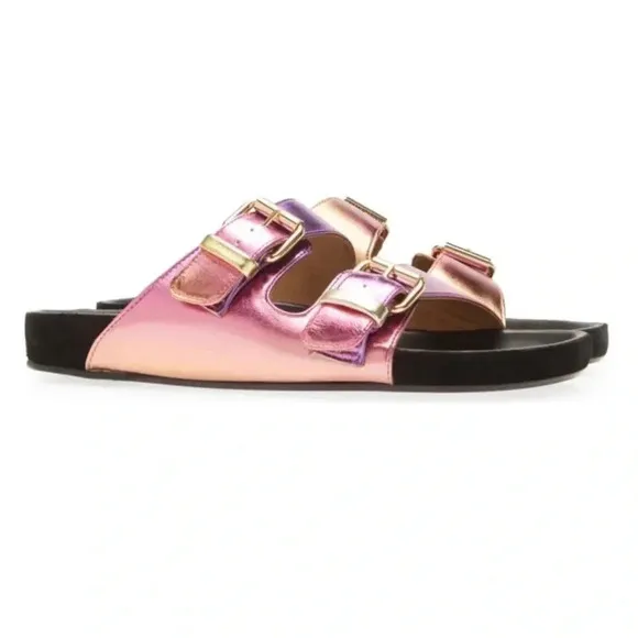 New Isabel Marant Lennyo Leather Slide Sandals Buckle Metallic Pink Sunset
