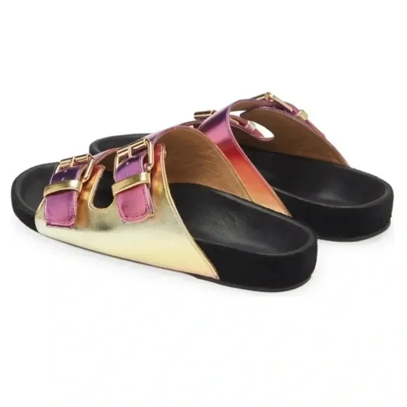 New Isabel Marant Lennyo Leather Slide Sandals Buckle Metallic Pink Sunset