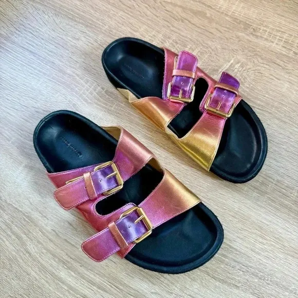 New Isabel Marant Lennyo Leather Slide Sandals Buckle Metallic Pink Sunset