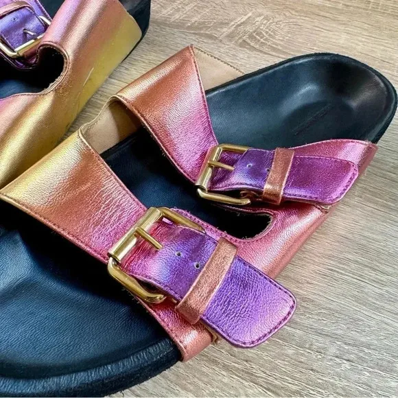New Isabel Marant Lennyo Leather Slide Sandals Buckle Metallic Pink Sunset