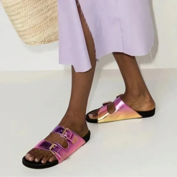 New Isabel Marant Lennyo Leather Slide Sandals Buckle Metallic Pink Sunset