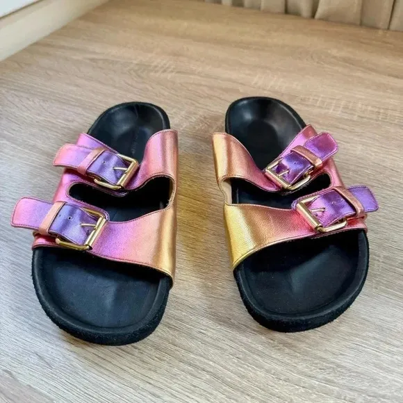 New Isabel Marant Lennyo Leather Slide Sandals Buckle Metallic Pink Sunset