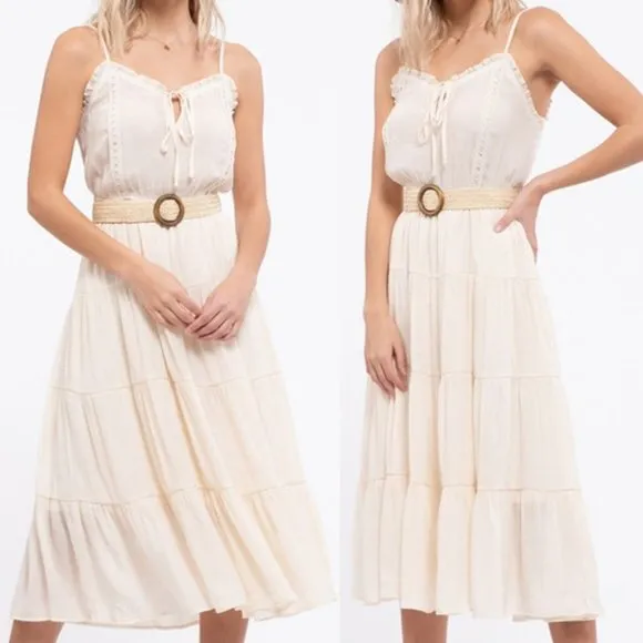 NEW Ivory Stone Boho Tiered Ruffle Trim Midi Dress