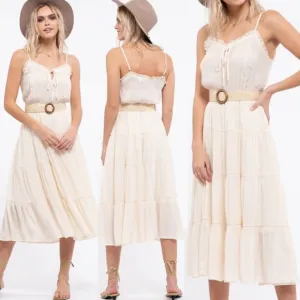 NEW Ivory Stone Boho Tiered Ruffle Trim Midi Dress