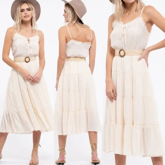 NEW Ivory Stone Boho Tiered Ruffle Trim Midi Dress
