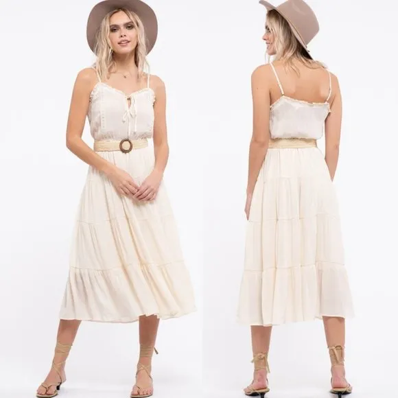 NEW Ivory Stone Boho Tiered Ruffle Trim Midi Dress