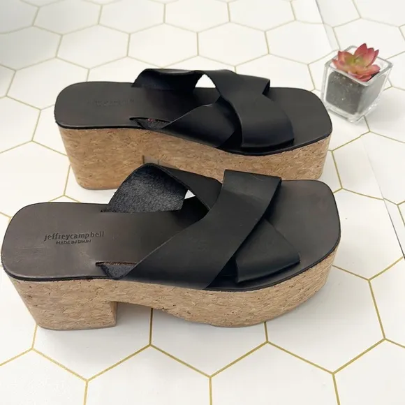 NEW Jeffrey Campbell Itzelia Black leather cork platform wedge sandals women 8-9