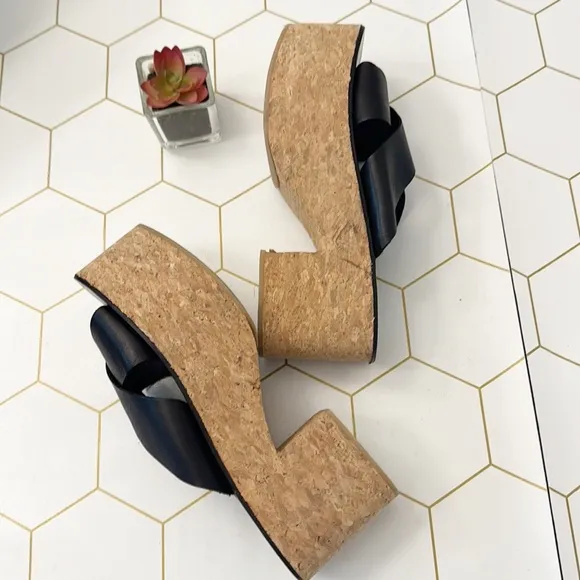 NEW Jeffrey Campbell Itzelia Black leather cork platform wedge sandals women 8-9
