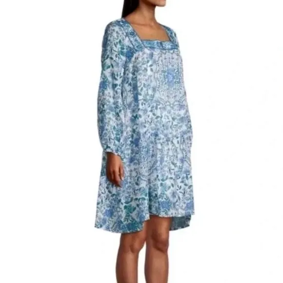 NEW Johnny Was Leilani Mini Dress Linen Blue Floral Embroidered Neck Size XS/S