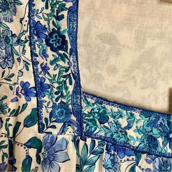 NEW Johnny Was Leilani Mini Dress Linen Blue Floral Embroidered Neck Size XS/S