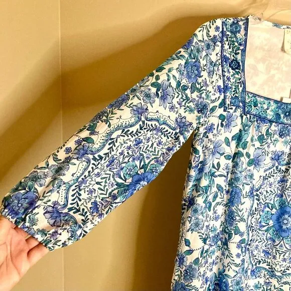 NEW Johnny Was Leilani Mini Dress Linen Blue Floral Embroidered Neck Size XS/S