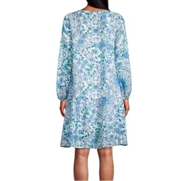 NEW Johnny Was Leilani Mini Dress Linen Blue Floral Embroidered Neck Size XS/S
