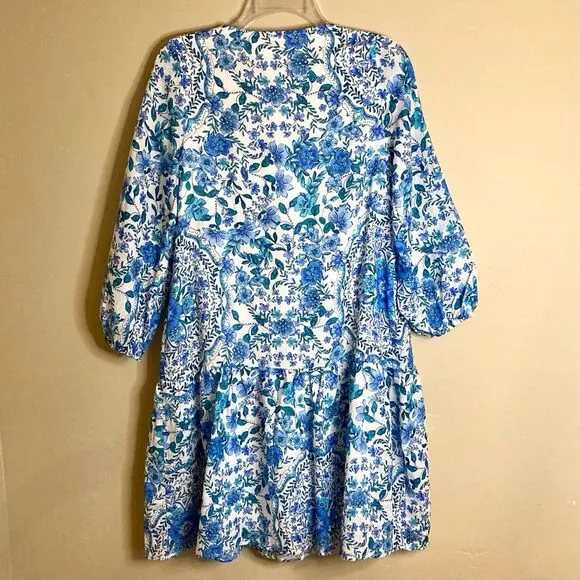 NEW Johnny Was Leilani Mini Dress Linen Blue Floral Embroidered Neck Size XS/S