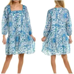 NEW Johnny Was Leilani Mini Dress Linen Blue Floral Embroidered Neck Size XS/S
