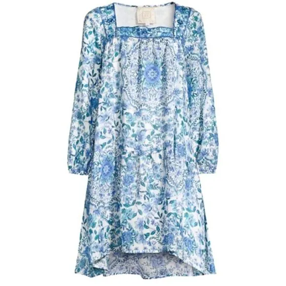 NEW Johnny Was Leilani Mini Dress Linen Blue Floral Embroidered Neck Size XS/S