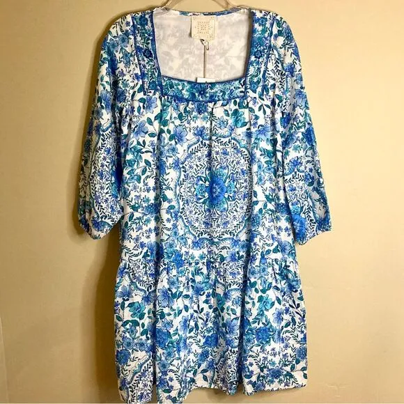 NEW Johnny Was Leilani Mini Dress Linen Blue Floral Embroidered Neck Size XS/S