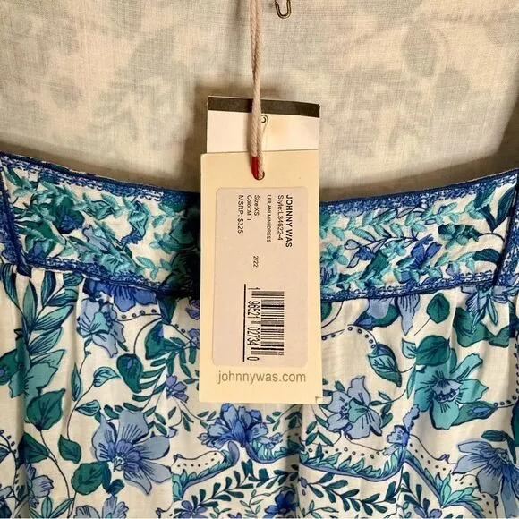 NEW Johnny Was Leilani Mini Dress Linen Blue Floral Embroidered Neck Size XS/S