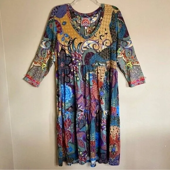 NEW Johnny Was Madison Vibrant 3/4 Sleeve Tiered Dress in Soft Knit Size S