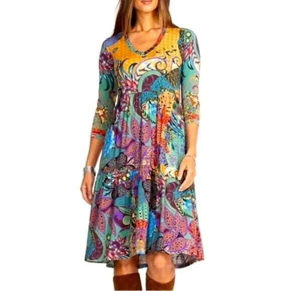 NEW Johnny Was Madison Vibrant 3/4 Sleeve Tiered Dress in Soft Knit Size S