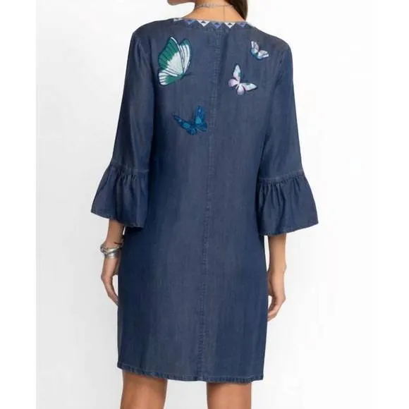 NEW JOHNNY WAS taymia ruffle sleeve dress in denim blue