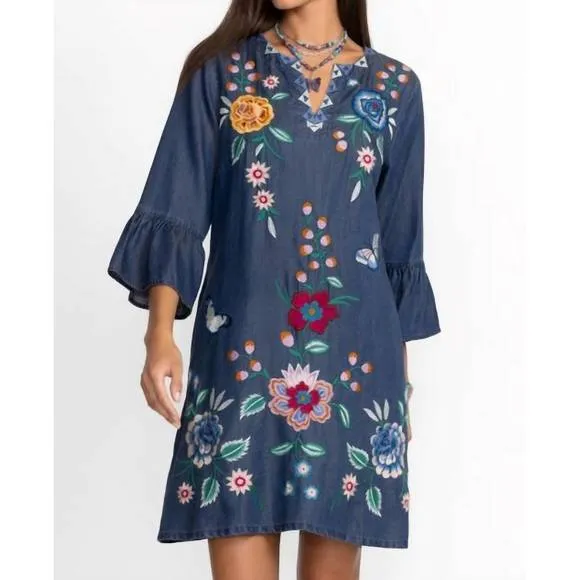 NEW JOHNNY WAS taymia ruffle sleeve dress in denim blue