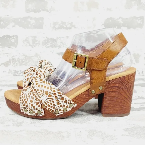 NEW Kork-Ease Natalia White/Brown Slingback Platform Crochet Sandals A541