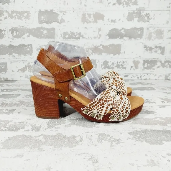NEW Kork-Ease Natalia White/Brown Slingback Platform Crochet Sandals A541