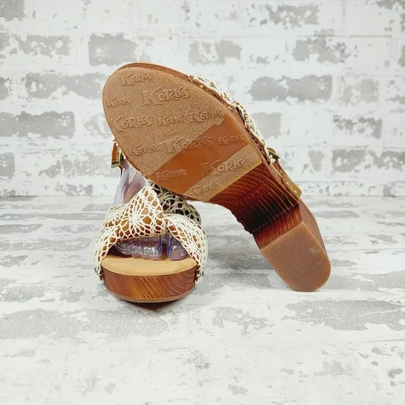 NEW Kork-Ease Natalia White/Brown Slingback Platform Crochet Sandals A541