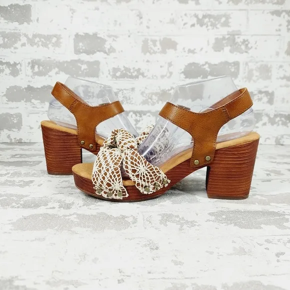 NEW Kork-Ease Natalia White/Brown Slingback Platform Crochet Sandals A541
