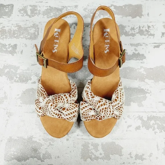 NEW Kork-Ease Natalia White/Brown Slingback Platform Crochet Sandals A541