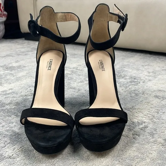 New L’Agence Cecile Suede Ankle Strap Sandals Heels Platform Black Sz 37