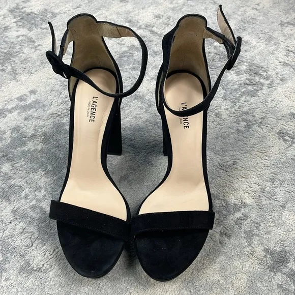 New L’Agence Cecile Suede Ankle Strap Sandals Heels Platform Black Sz 37