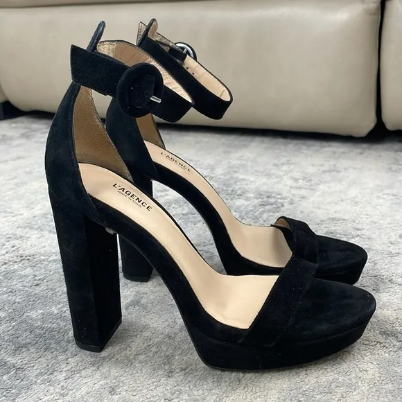 New L’Agence Cecile Suede Ankle Strap Sandals Heels Platform Black Sz 37