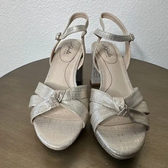 NEW LifeStride Sandals Platform Heels Slingback Lucky Vegan Leather Gold 8.5