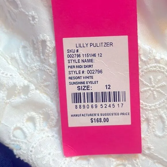 NEW Lilly Pulitzer PIER MIDI SKIRT w SASH Resort White Sunshine EYELET