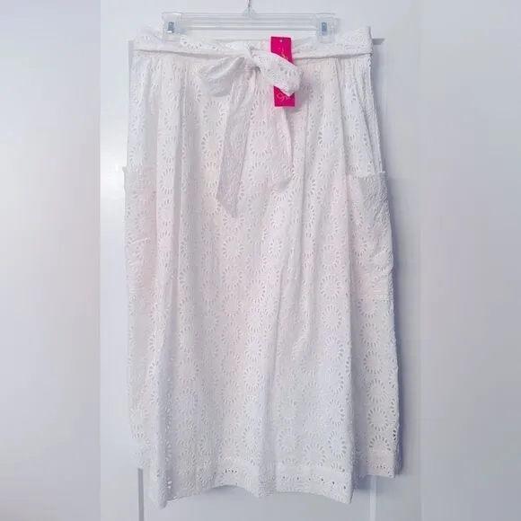 NEW Lilly Pulitzer PIER MIDI SKIRT w SASH Resort White Sunshine EYELET