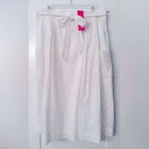 NEW Lilly Pulitzer PIER MIDI SKIRT w SASH Resort White Sunshine EYELET